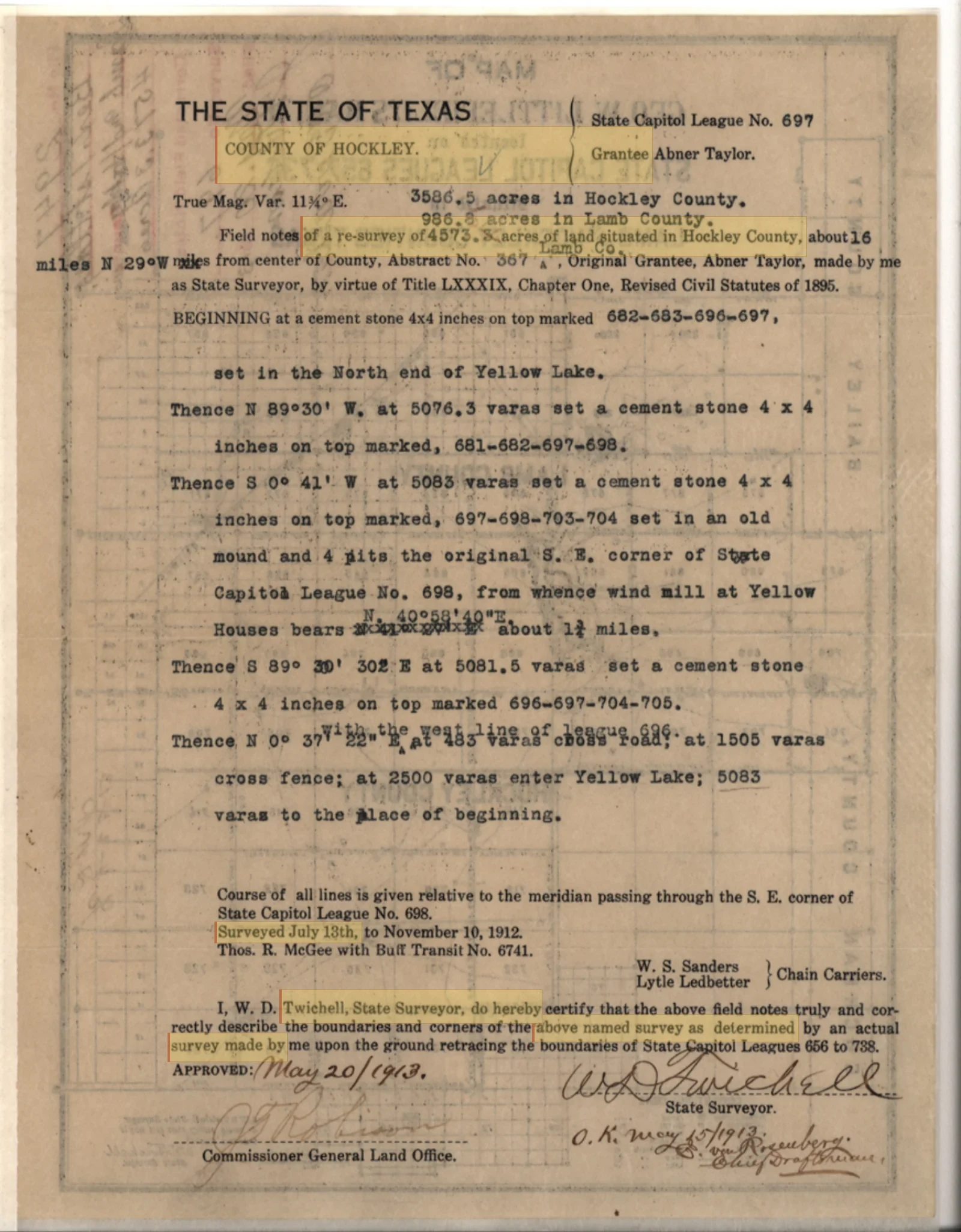 Taylor, Abner Original Cursive Land Grant & Field Notes (Hockley County, Abstract A-295)